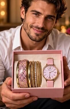 Embassy Pink Watch & Gold Tone Bangle Stack Set NWT